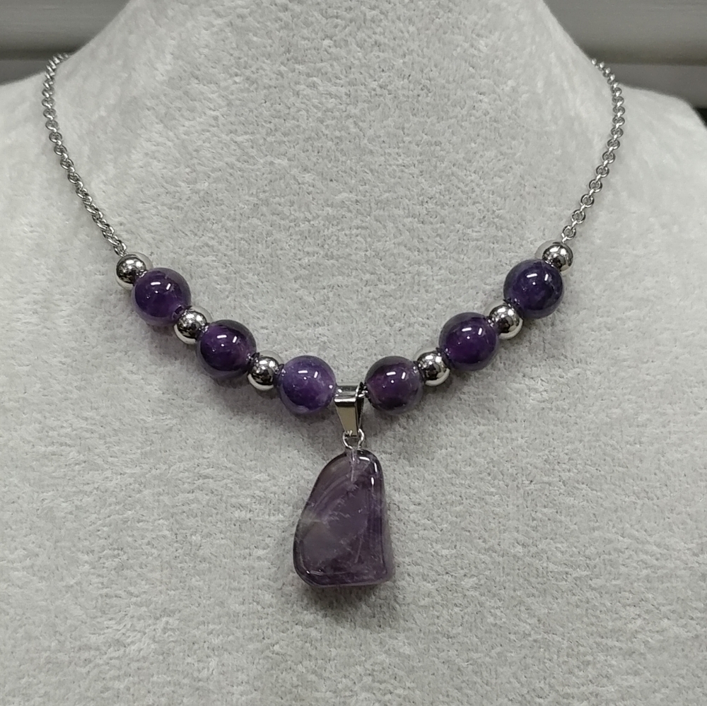 Amethyst Beaded Necklace Natural Gemstone Crystal Pendant Stainless-Steel Chain